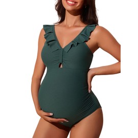 Summer Mae Ribbed Ruffle Maternity Swimsuit One Piece Cutout Pregnancy Bathing Suit Twist Back Swimwear Balsam Green 8