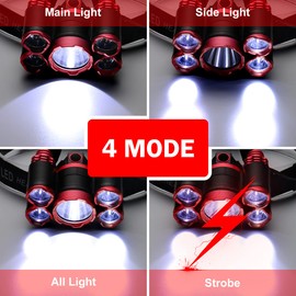 Rechargeable Headlamp,5 LED 15000 Lumen 4 Modes Zoomable Red Headlight Battery Powered Waterproof Adjustable Safety Light for Adults Outdoor Camping Hiking Working