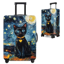 THISFIND Starry Night Black Cat Luggage Cover – Stretch Suitcase Protector with Moon & City Lights – Fits 29-32 Inch Luggage – Cute Cat Design with Heart Pendant – Durable & Washable Travel Sleeve