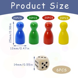 86 Piece Toy Figures Set, Game Figures for Board Games, 80 Colourful Halma Gel Toy Figures, Wood, 25 x 12 mm and 6 Wooden Dice with Bag for Storage, Red, Yellow, Blue, Green, for Family Parties