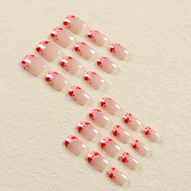Short Valentine’s Day Fake Nails Square Press on Nails French Tip False Nails with Heart Designs Acrylic Nails Press ons Full Cover Glue on Nails Short Valentine’s Day Stick on Nails for Women