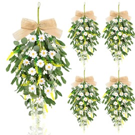 4 Pcs 24" Artificial White Daisy Teardrop Wreath Swag Spring Summer White Floral Hanging Swags Wreath for Kitchen Cabinet Doors Window Wall Wedding Party Home Decor
