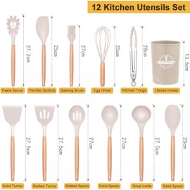 Utensilios de Cocina de Silicona, Juego de 12 Herramientas de Cocina Antiadherentes Resistentes al Calor，Viene con espátula/cuchara/agitador/clip, etc., adecuado para utensilios de cocina. (blanco)