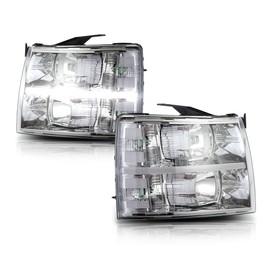 ALLGOOD LED DRL Headlight Assembly Front Headlamp Compatible with 2007-2013 Chevy Silverado 1500/2007-2014 Silverado 2500 3500 2500HD 3500HD Chrome Housing(White cover white frame white reflector)