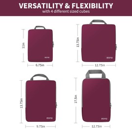 Eono Compression Packing Cubes, Luggage Organiser Set, Extensible Suitcase Organiser, Packing Organisers for Suitcases, Packing Cubes for Travel or Home Storage - Burgundy, 4 Set