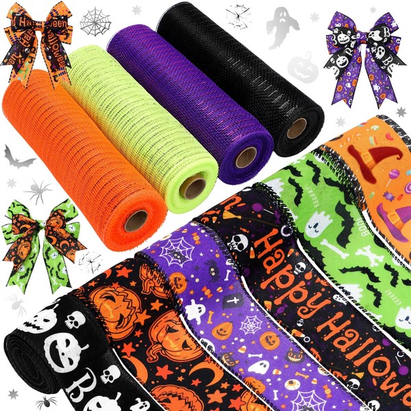 Yuefunny 10 Pcs Halloween Ribbon 4 Rolls Mesh Ribbon and