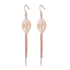 Deyanse Silver Long Earrings Hanging, 925 Sterling Silver Drop Earrings for Women, Hypoallergenic Drop Dangle Snake Chain Earrings, Long Tassel Earrings with Leaves/Crooked Diamond, Rose Gold, No