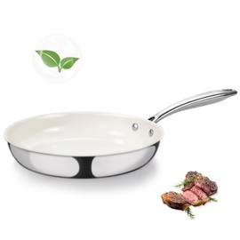 SAKAMOSH 8" Tri-Ply Stainless Steel Frying Pan, Nonstick Ceramic Pan, Skillet with Stay-Cool Handle, Non Toxic, PFAS PFOA PTFE Free, Dishwasher & Oven Safe, Induction, Compatible with All Cooktops