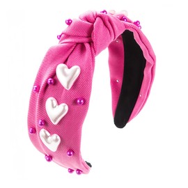 Doneace Valentines Day Rhinestone Headband for Women Girls, White Heart Love Knotted Hairband Cute Fashion Pink Pearl Jeweled Wide Top Knot Headbands for Valentine Party Dating Hair Bandanas Headdress