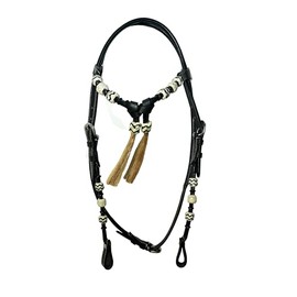 WeavingCraft Rolled Leather Western Headstall Bridle|Futurity Knot Browband|Natural Hair Tassels (Black)