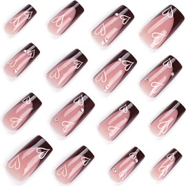 Heart Press on Nails Medium Length Brown French Tip Press on Nails, Glossy Nude Pink Fake Nails with Rhinestones White Heart Design, Reusable Stick on Nails Square Valentine's Day French Nails Kit
