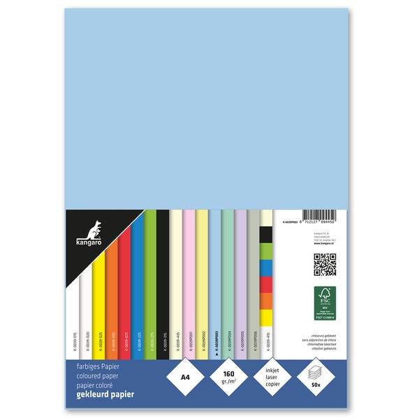 Kangaro - Coloured Paper Pastel Blue DIN A4 - 160 g/m² FSC Mix - 50 Pack - Stationery Craft Paper DIY
