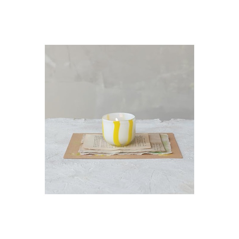 Creative Co-Op Round Soda Glass Tealight/Votive Holder with Stripes, White