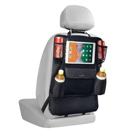LUCMO Organizador de asiento trasero de coche con soporte para tablet de visualización táctil, 9 bolsillos de almacenamiento, protectores de patadas, 