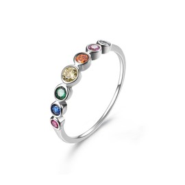 E 14K Gold Women Rings Rainbow Eternity Thumb Rings Band Wedding Rings Round AAA Cubic Zirconia CZ Rings Dainty Colorful Rings for Women (Silver, 6)