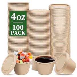 Bagasse Fiber Souffle Cups,100% Biodegradable, Mini Paper Condiment Cup,Jello Shot Cups, Jello Shot & Sauce Containers for Jam、 Ketchup、Candy、 Appetizers(100 Pcs-4 oz-Natural Color) ﻿