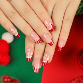 Christmas Press on Nails Medium Coffin Fake Nails Red French Tip False Nails with Christmas Cap Snowflake Design Glue on Nails Full Cover Stick on Nails Xmas Acrylic Nails for Women Manicure 24Pcs
