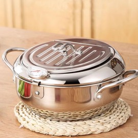 Deep Fryer Pot, Japanese Mini Stainless Steel Frying Pot Temperature Controlled Household Tempura Frying Pan Thermometer Induction Cooker Compatible (Small size 20cm)