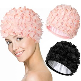 Eurzom 2 Gorros de Piscina Vintage de Encaje Gorros de Baño Estilo Retro de Pétalo Floral Gorro de Natación de Pelo Largo Corto para Mujer No Impermea