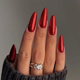 ANDGING Chrome Red Press on Nails - Short Medium Almond Fake Nails With Glossy Designs, Acrylic Manicure Full Cover fake on Fantasy False Nails for Wedding, Gel Pressons Stick on for Women
