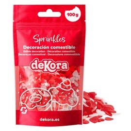 dekora - Sprinkles di zucchero a forma di cuore rossi e bianchi, 100 g – codette e zuccherini per decorare torte e muffin – ideali per San Valentino e occasioni speciali