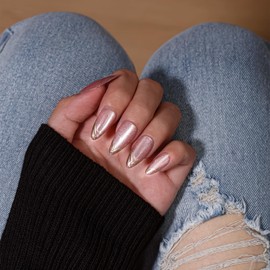 KQueenest Glitter Pink French Tip Press On Nails Almond Medium, 30 Pcs Cat Eye Press On Nails with Gold Swirls, Bling Sparkly Fake Nails With Glue, Luxury Reusable Stick on Nail for Women Gift