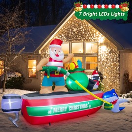 Christmas Inflatable Outdoor Decoration, 8 FT Inflatable Christmas Santa on Boat with Penguin/Shark/Gift Bag with Build-in LEDs Lights, Outdoor Blow Up Christmas Decorations for Party Yard Garden