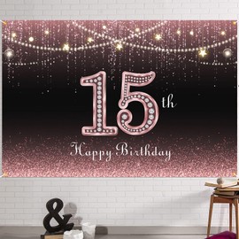 HAMIGAR 6x4ft Happy 15th Birthday Banner Backdrop - 15 Years Old Birthday Decorations Party Supplies for Women - Rose Gold