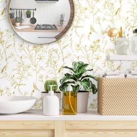 Toduso Peel and Stick Wallpaper Floral Removable Wallpaper White and Gold Wallpaper Vintage Self Adhesive Decorative Contact Paper Bird Boho Wallpaper Leaf Covering Vinyl Roll 17.3" x78.7"