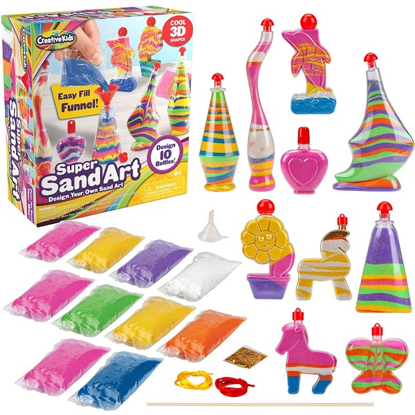 Creative Kids DIY Super Sand Art and Crafts Activity Kit for Kids – Create Your Own Crafts – 10 x Sand Art Bottles, 10 x Vibrant Colored Sand Bags & 1 x Glitter Bag – STEM Playset - Craft Gift for Boys & Girls 6 +