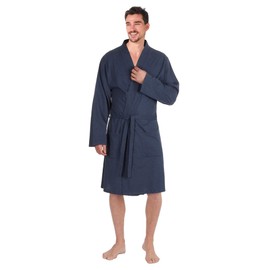 Nikaro Men's Kimono Robe Super Soft Lightweight Recycled Cotton Dressing Gown with Pockets and Belt (L) Denim