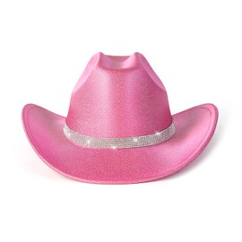 Gossifan Women Men Wide Brim Cowboy Hats with Rhinestone Buckle for Party Disco Sparkly Cowgirl Hat-Rose