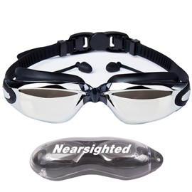 Cyrder Nearsighted Swimming Goggles Men Women – Mirrored Shortsighted Swim Glasses, Myopia Goggles with Earplug and Case, HD Anti-fog, UV Protect, -4.0