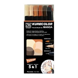 Kuretake Zig Cartoonist KURECOLOR Fine&Brush Portrait set, 5 colors with MANGAKA Black, Alcohol-based twin tipped dual marker pens, for Artist, Professional, Made in Japan