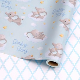 LaRibbons Reversible Baby Boy Wrapping Paper, 17 Inch X 33 Feet, Blue Elephant & Blue Quilted Diamond Design for Baby Shower, Birthday, Party, Holiday