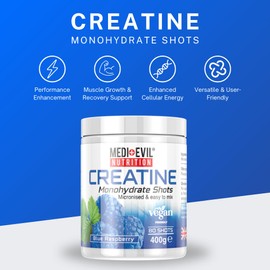 Medi-Evil Nutrition Creatine Monohydrate Powder 400g, Blue Raspberry Flavour, Micronised for Easy Mixing, Improve Strength and Physical Performance