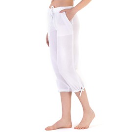 J & Ce Women's Gauze Cotton Capri Beach Pants with Pockets (White, XS (Size 0))
