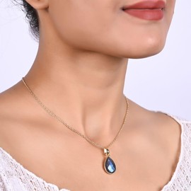 Gempires Labradorite Pear Shaped Teardrop Crystal Necklace, Bezel Pendant Necklace, Natural Gemstone Drop Necklace, Everyday Wear, Gift for Mom, Adjustable Length 16 + 2 inch