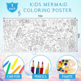 Mermaid Giant Coloring Poster for Kids 30 x 72 Inch, Large Coloring Poster Sheets Tablecloth, Mermaid Themed Color-in Activities Games for Kids School Classroom Home Party Supplies Decorations