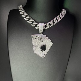 Poker Pendant Necklace 14K Gold Plated with CZ Stones, Unisex Layering Chain for Men& Women, Tribal Couple Gift 2025 Trendy Streetwear Jewelry - Color: Silver., Size: 24inch