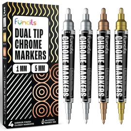 Funcils Liquid Chrome Paint Pen - 4 Dual Tip Mirror Effect Metallic Markers with 2 Silver, 1 Copper, 1 Gold | Reflective Marker for Metal, Plastic, Glass, Resin Art, DIY Crafts, Model Touch Up Paint