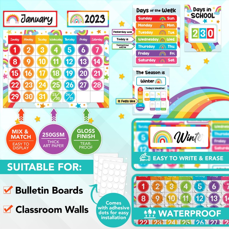 Decorably 147 Pcs Cutouts Rainbow Vibrant Class Calendar Bulletin Board