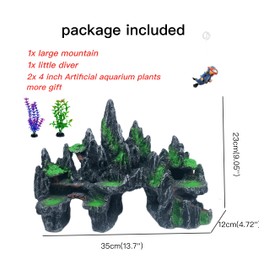 AWXZOM Extra Large Aquarium Decorations, Big Mountain View Aquarium Ornaments, Large Fish Tank Decorations, Come with 1 Little Diver and 2X 4inch Aquarium Plastic Plants (Extra Large Mountain)