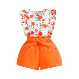 KIDLAGA Kids Toddler Girls Clothes Outfits Floral Print Ruffle Sleeveless Top Belted Shorts Set Summer Clothing Set(7-8T)