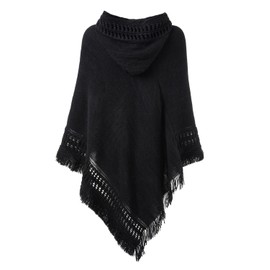 Ferand Ladies' Hooded Cape with Fringed Hem, Crochet Poncho Knitting Patterns for Women, Black