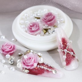 1 Box Pink Rose Nail Art Charms Valentine's Day Resin Nail Charms White Pearl Rhinestone Nail Charms Design for Acylic Nail DIY Decoration Nail Accessories Valentine's Nail Supplies