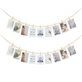 KLOGTSIND 2PCS Hanging Photo Display Wall Decor, Boho Wooden Bead Garland Picture Christmas Card Holder with 9 Wood Clips for Bedroom, Living Room, Office, Dorm Decor, Christmas Teenage Teen Girl Gifts