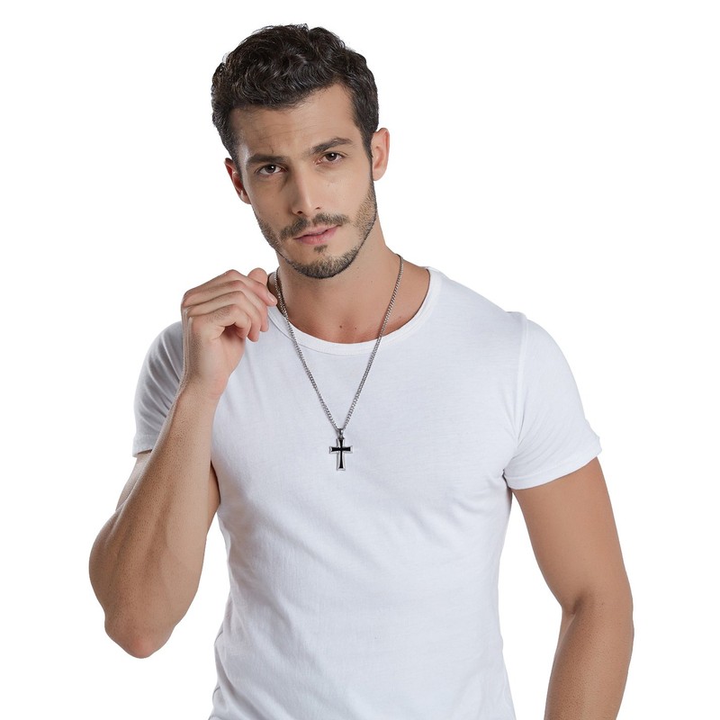 Reve Stainless Steel Black & Silver Cross Pendant Necklace for