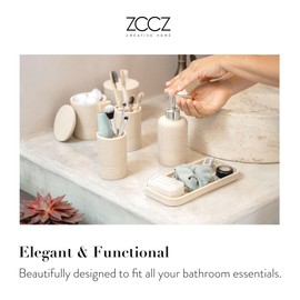 ZCCZ Beige Bathroom Accessories Set 6 Pieces - Toothbrush Holder, Lotion Dispenser, Qtip Container, Vanity Tray, Tumbler - Countertop Organizer for Bathrooms - Elegant and Functional Décor Set
