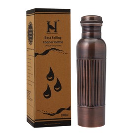Pure Copper Bottle PREMIUM ANTIQUE Finish, 950 Ml (32.12 Fl Oz) Capacity For Ayurveda Health Benefits - Lining Pattern